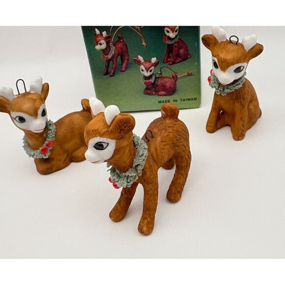 Vintage Mini Reindeer Christmas Tree Ornaments Set Of 3 Ceramic Original Box - Picture 2 of 10